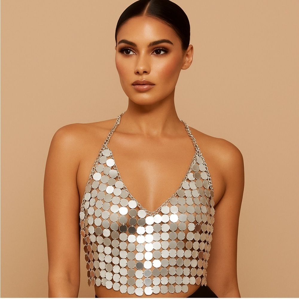 Monique Lhuillier Metallic Silver Chainmail Halter Top Luxury Showgirl Medium